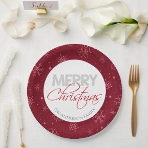 Merry Christmas   Red and White Snowflakes Paper Plate