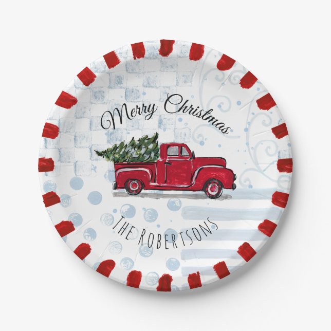 Merry Christmas Red Antique Truck Paper Plate (Front)
