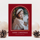 Merry Christmas Red Arch Photo Foil Holiday Card<br><div class="desc">Modern holiday photo card featuring your vertical photo nestled inside of a dark red arch frame with a gold foil border. Personalise the gold foil holiday card with your custom greeting and family name in white lettering. The card reverses to a simple white snow pattern.</div>