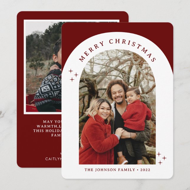 Merry Christmas Red Arched Frame 2 Photo Holiday Card (Front/Back)