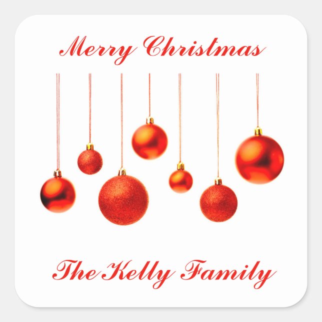 Merry Christmas Red Balls decoration with text Square Sticker (Front)