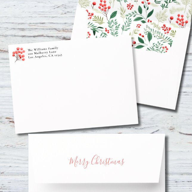Merry Christmas Red Berries 5x7 Return Address Envelope (Creator Uploaded)