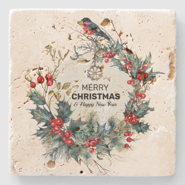 Merry Christmas-Red Berries & Bullfinch Stone Coaster (Front)