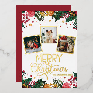 Merry Christmas Red Berries Holly Photo Collage Foil Holiday Card