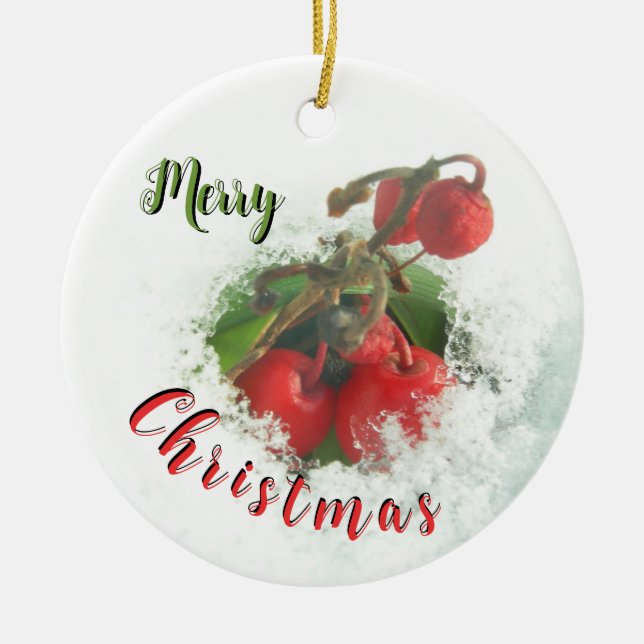 Merry Christmas Red Berries out of Snow Ornament (Front)