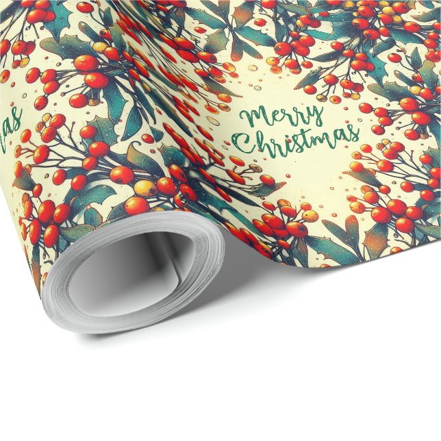 Merry Christmas Red berries Vintage Mistletoe  Wrapping Paper (Roll Corner)