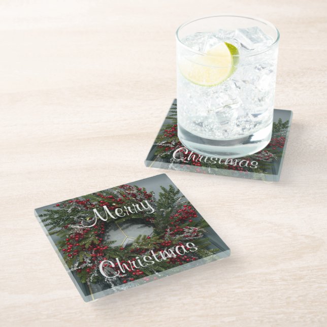 Merry Christmas Red Berries Wreath Glass Coaster (Angled)
