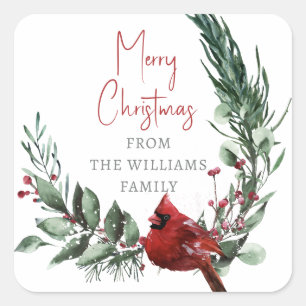 Merry Christmas Red Berry Cardinal Bird Square Sticker