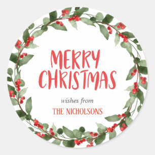 Merry Christmas Red Berry Script   Wreath  Classic Round Sticker