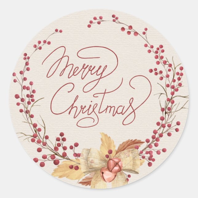 Merry Christmas Red Berry Wreath Classic Round Sticker (Front)