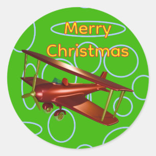 Merry Christmas Red Bi-plane on Green Circles Classic Round Sticker