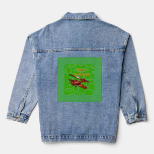 Merry Christmas Red Bi-plane on Green Circles Denim Jacket