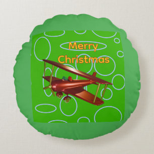 Merry Christmas Red Bi-plane on Green Circles Round Cushion