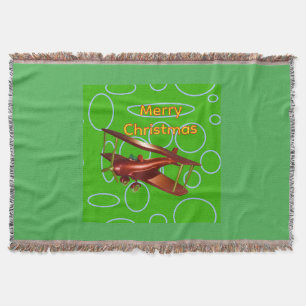 Merry Christmas Red Bi-plane on Green Circles Throw Blanket