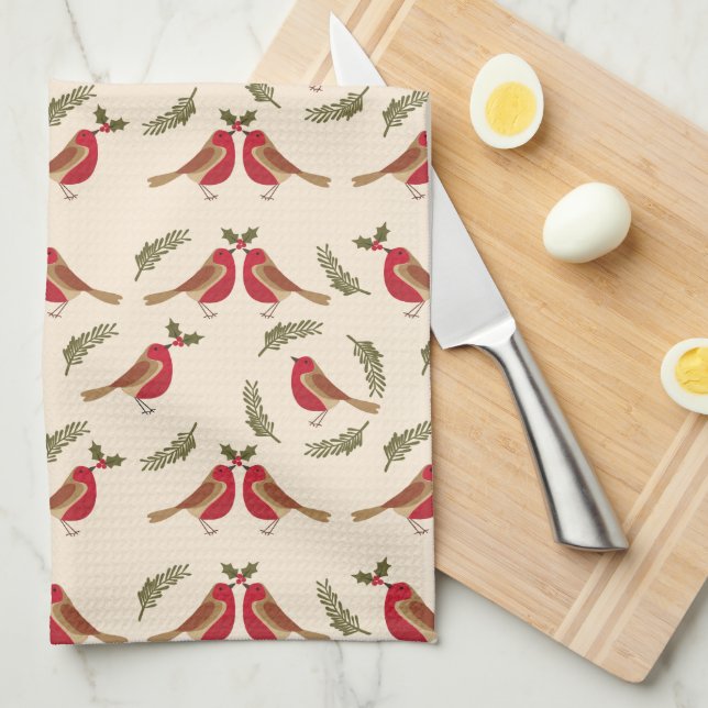 Merry Christmas Red Bird Pattern Tea Towel (Quarter Fold)