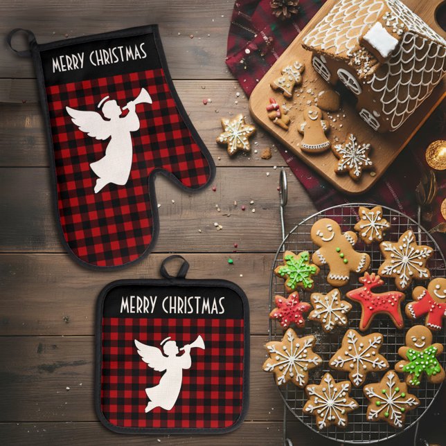 Merry Christmas Red & Black Buffalo Plaid Angel Oven Mitt & Pot Holder Set (Creator Uploaded)