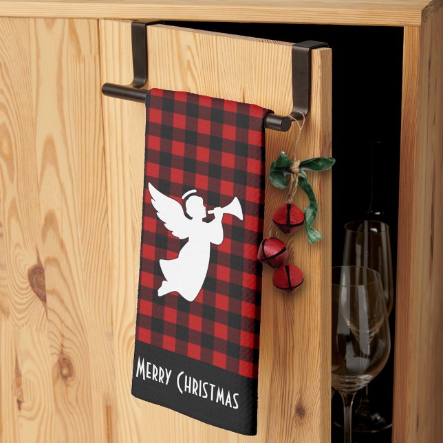 Merry Christmas Red & Black Buffalo Plaid Angel Tea Towel (Creator Uploaded)