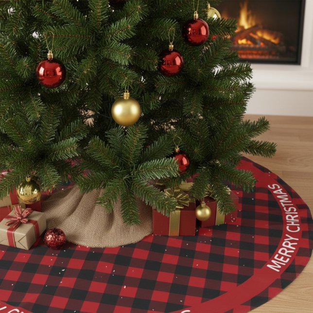 Merry Christmas Red & Black Buffalo Plaid Custom Brushed Polyester Tree Skirt (Creator Uploaded)
