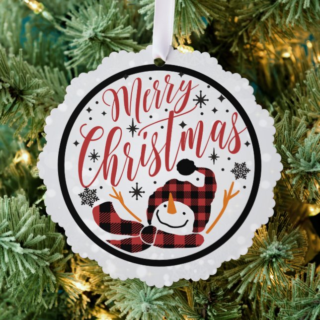 Merry Christmas Red Black Buffalo Plaid Snowman Tree Decoration Card (Insitu (Tree))