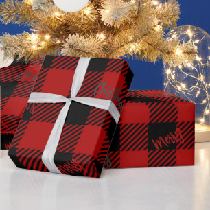 Merry Christmas Red Black Buffalo Plaid  Wrapping Paper