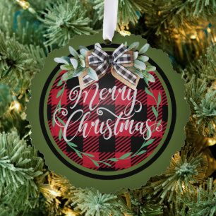 Merry Christmas Red Black Buffalo Plaid Wreath Tree Decoration Card