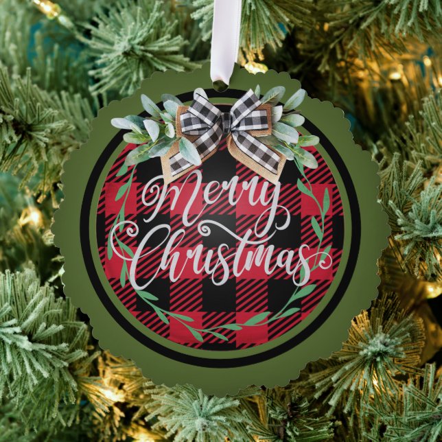 Merry Christmas Red Black Buffalo Plaid Wreath Tree Decoration Card (Insitu (Tree))