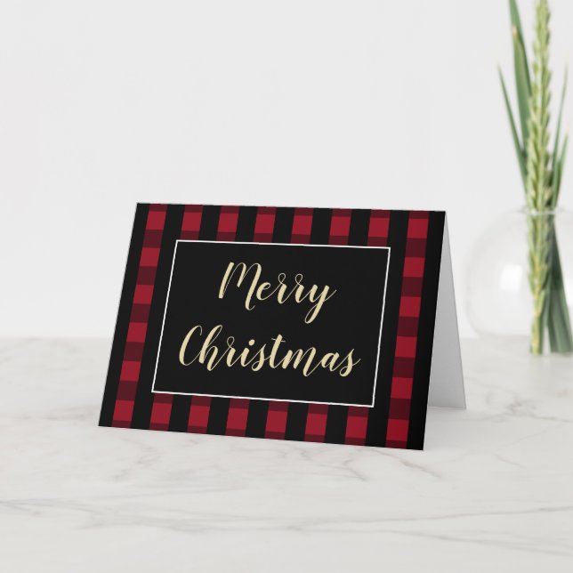 Merry Christmas Red Black Plaid Custom Holiday Card (Front)