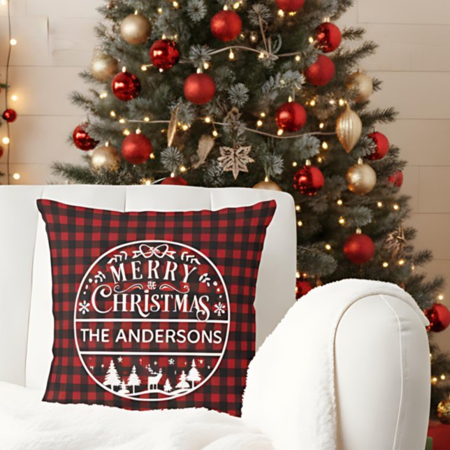 Merry Christmas Red & Black Plaid Custom Name Cushion (Creator Uploaded)
