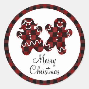 Merry Christmas Red & Black Plaid Gingerbread Classic Round Sticker