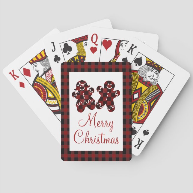 Merry Christmas Red & Black Plaid Gingerbread Playing Cards (Back)