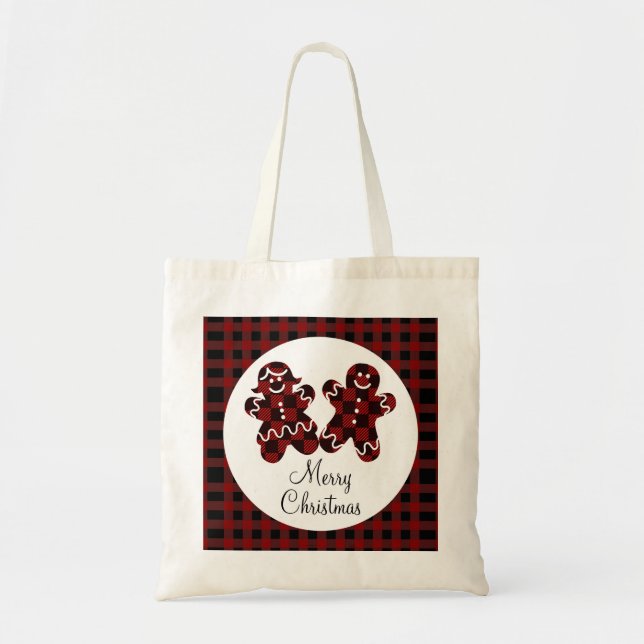 Merry Christmas Red & Black Plaid Gingerbread Tote Bag (Front)