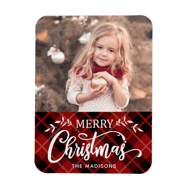 Merry Christmas Red Black Plaid Photo Magnet (Vertical)