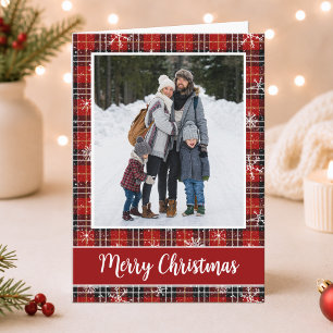 Merry Christmas Red Black Plaid Snowflakes Photo Card