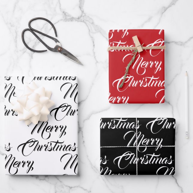 Merry Christmas red black white script elegant  Wrapping Paper Sheet (Front)