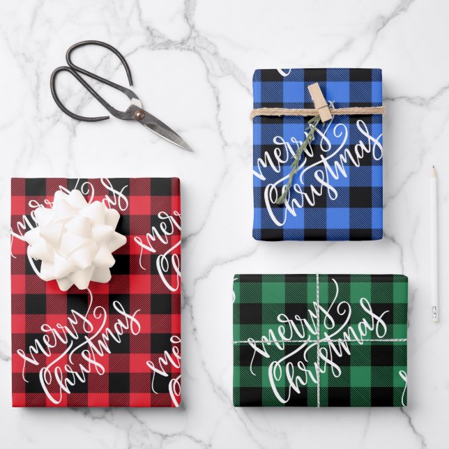 Merry Christmas Red Blue Green Buffalo Plaid Wrapping Paper Sheet (Front)