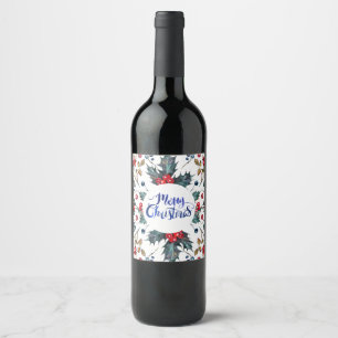 Merry Christmas- Red Blue Holly Berries Pattern Wine Label