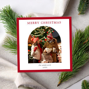 Merry Christmas Red Border Minimalist Arch Photo Holiday Card