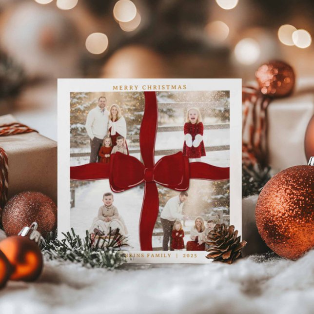Merry Christmas Red Bow 4 Photo Holiday Card (Classic Red Bow Merry Christmas 4 Photo Card)