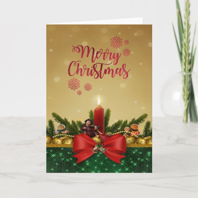 Merry Christmas, Red Bow Candle,Pine Tree Branches Holiday Card (Front)