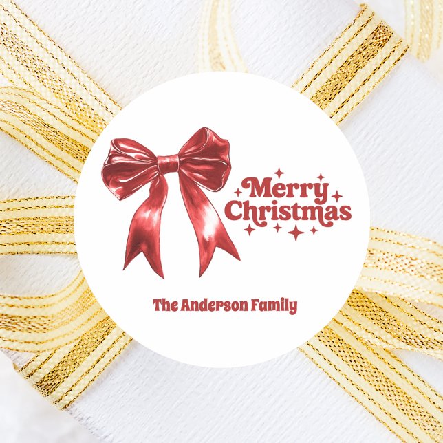 Merry Christmas red bow  Classic Round Sticker (Creator Uploaded)