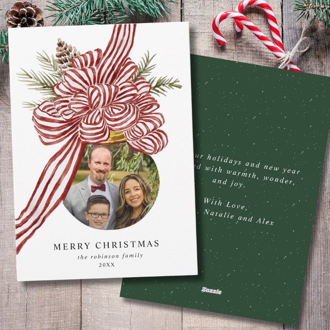 Merry Christmas Red Bow Family Photo Green Holiday Card (Creator Uploaded)