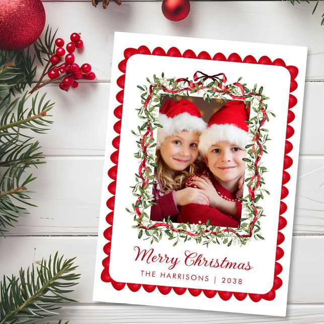 Merry Christmas Red Bow Greenery Watercolor Photo Holiday Card (Share the love and warmth of the holiday season with this personalized photo Christmas card)