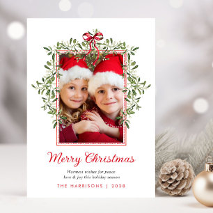Merry Christmas Red Bow Greenery Watercolor Photo Holiday Card