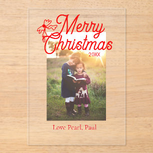 Merry Christmas red bow kids photo modern elegant Acrylic Invitations