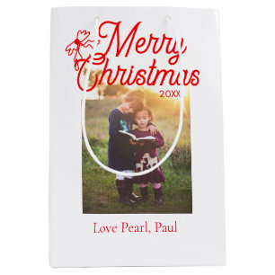 Merry Christmas red bow kids photo modern elegant Medium Gift Bag