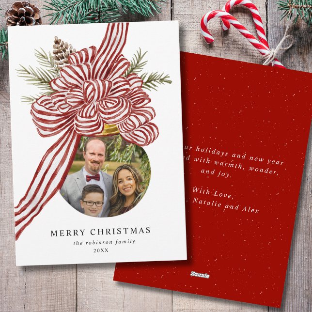 Merry Christmas Red Bow Ornament Family Photo Holiday Card (Creator Uploaded)