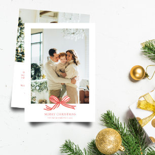 Merry Christmas Red Bow Photo Family Letter Holiday Card