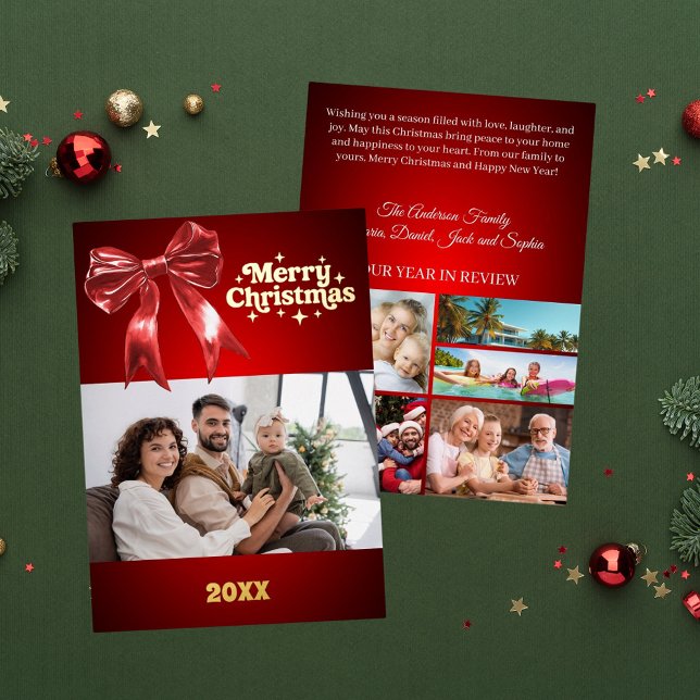 Merry Christmas red bow photo gold year in review Foil Holiday Card (Creator Uploaded)