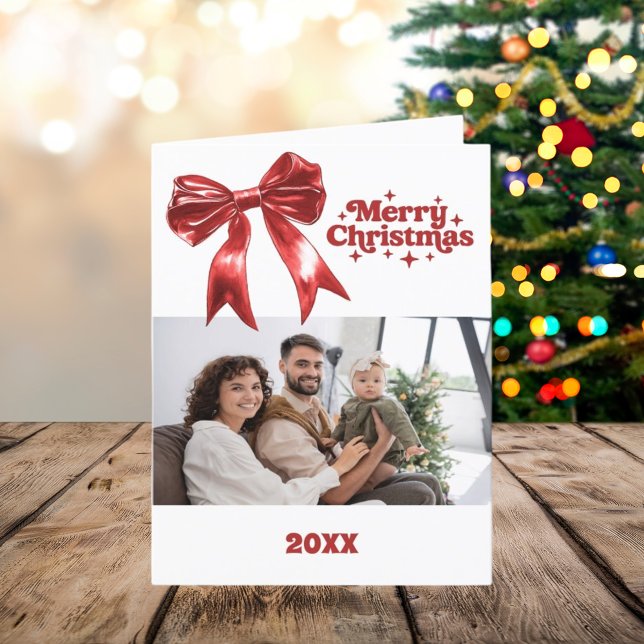 Merry Christmas red bow photo year in review card (Creator Uploaded)