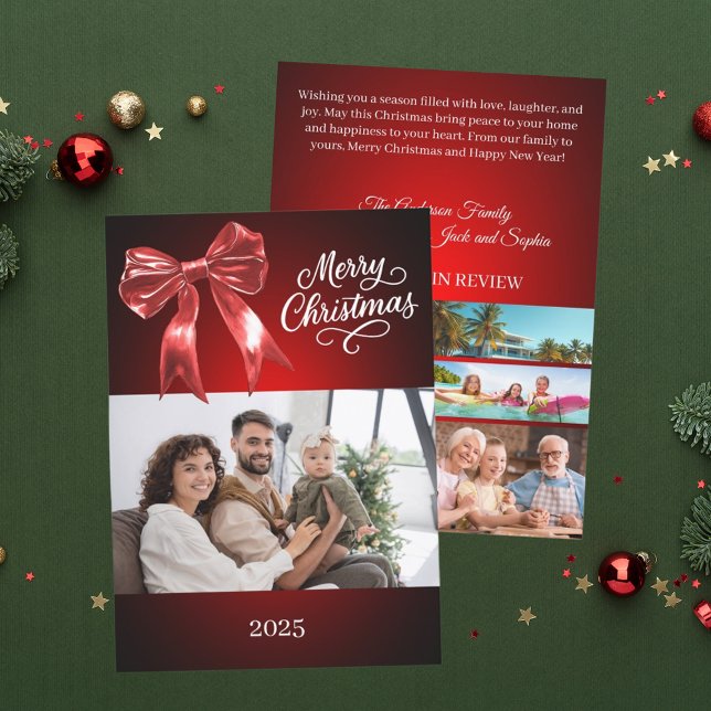 Merry Christmas red bow photo year in review Holiday Card (Creator Uploaded)